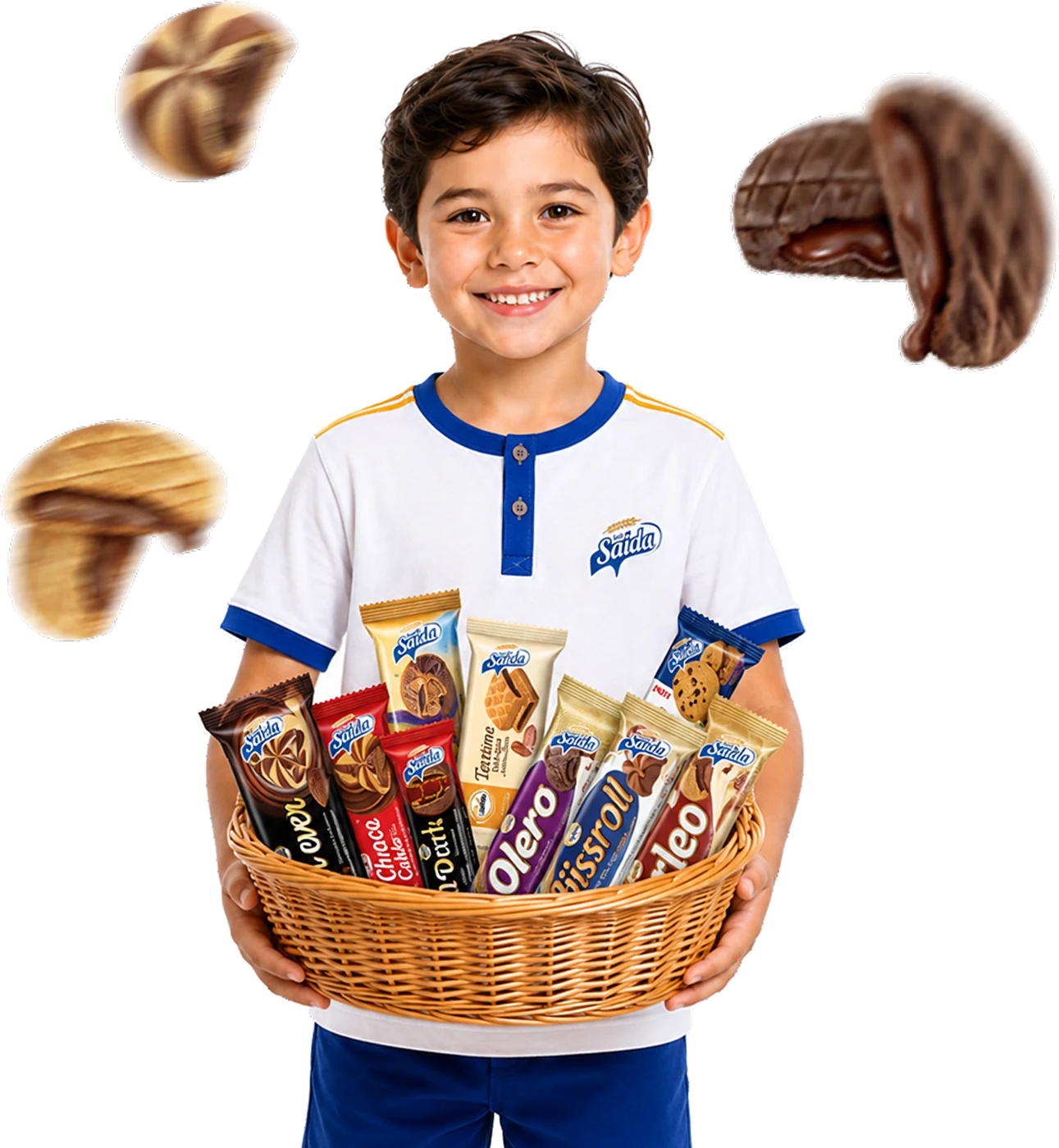 طفل سعيد يحمل سلة من منتجات صيدا